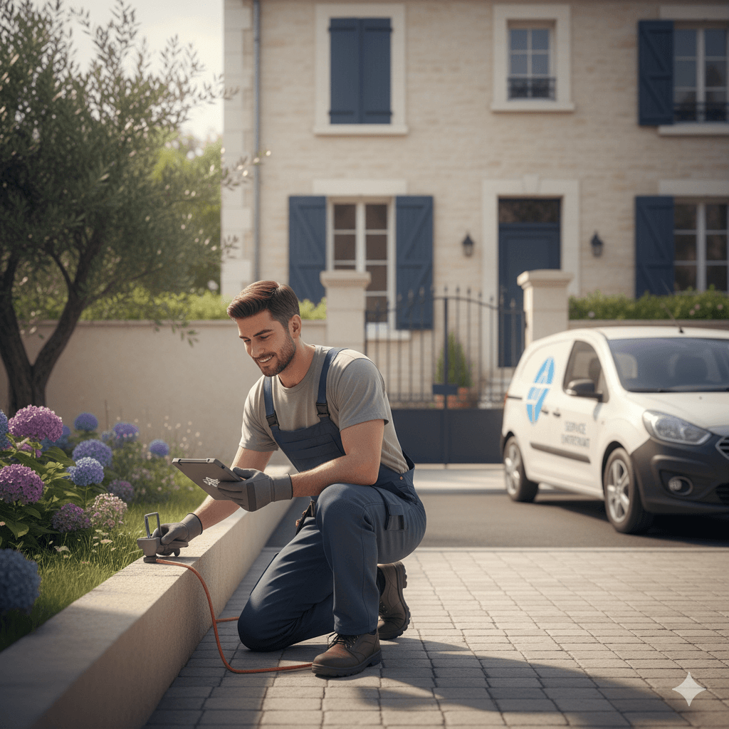 technicien local de Libourne effectuant une recherche de fuite d’eau avec matériel acoustique devant une maison pour un devis professionnel.