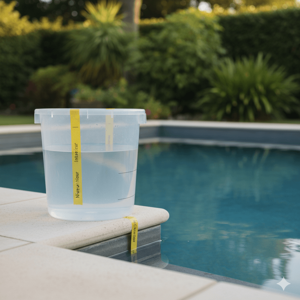 Test du seau dans une piscine pour distinguer évaporation et fuite, repères de niveau visibles, style pédagogique