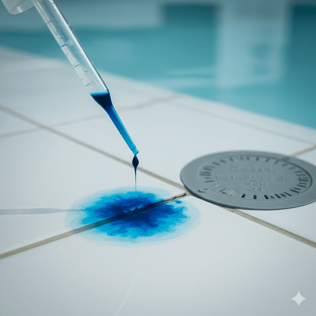 Traçage au colorant bleu près d’une fissure de piscine pour détecter une fuite, vue macro réaliste