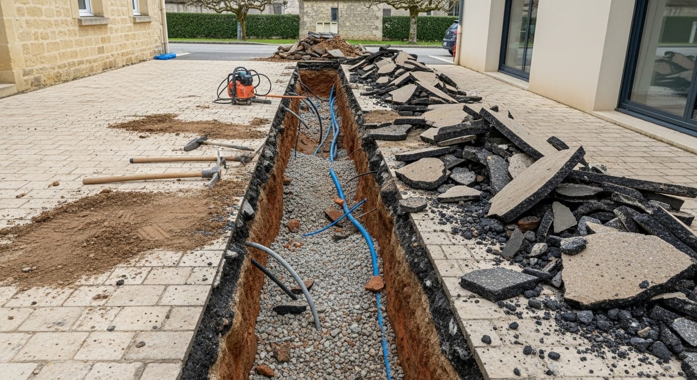Photographie réaliste illustrant l'impact financier : une allée de garage ou une cour de local professionnel en Gironde est éventrée par une tranchée, montrant l'ampleur et le coût des travaux de réparation d'une fuite qui n'a pas été détectée à temps par caméra.