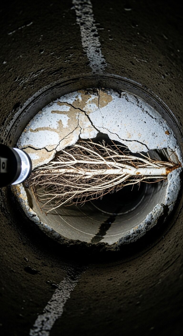 Image photoréaliste, haute définition, vue subjective (POV) depuis l'intérieur d'une canalisation d'eaux usées. La lumière LED de la caméra illumine une fissure nette et une masse dense de racines d'arbres blanches et brunes qui ont envahi la conduite par un joint défectueux.