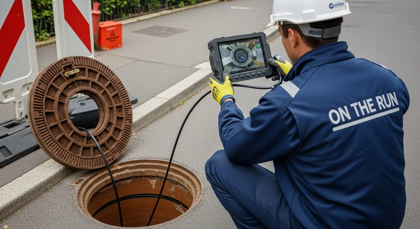 Photographie réaliste, plan moyen, un technicien en uniforme de travail "EN FUITE" insère le câble flexible d'une caméra endoscopique dans un regard ouvert sur un trottoir en Gironde. Il tient l'écran de contrôle qui montre une image nette de l'intérieur de la canalisation.