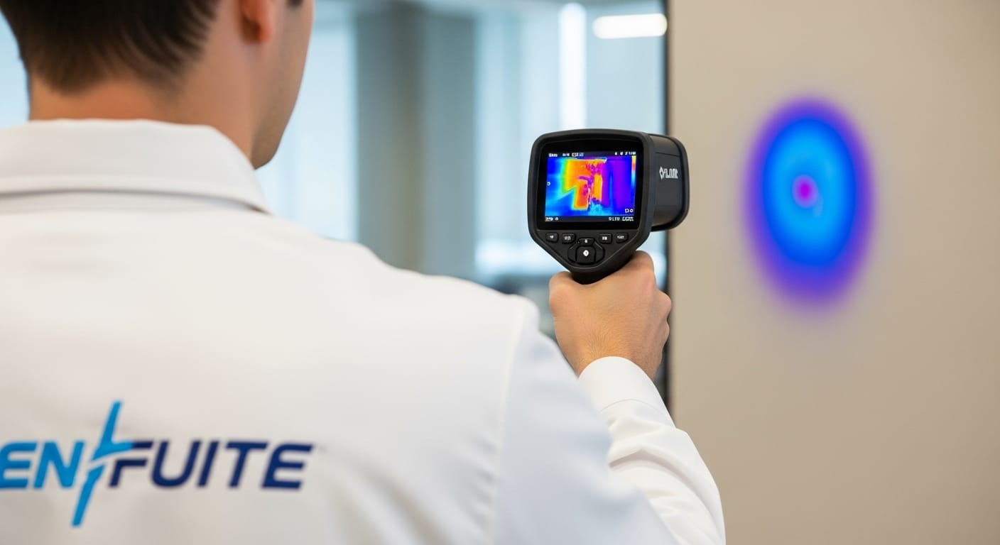 Technicien ENFUITE qui utilise une caméra pour détecter une infiltration