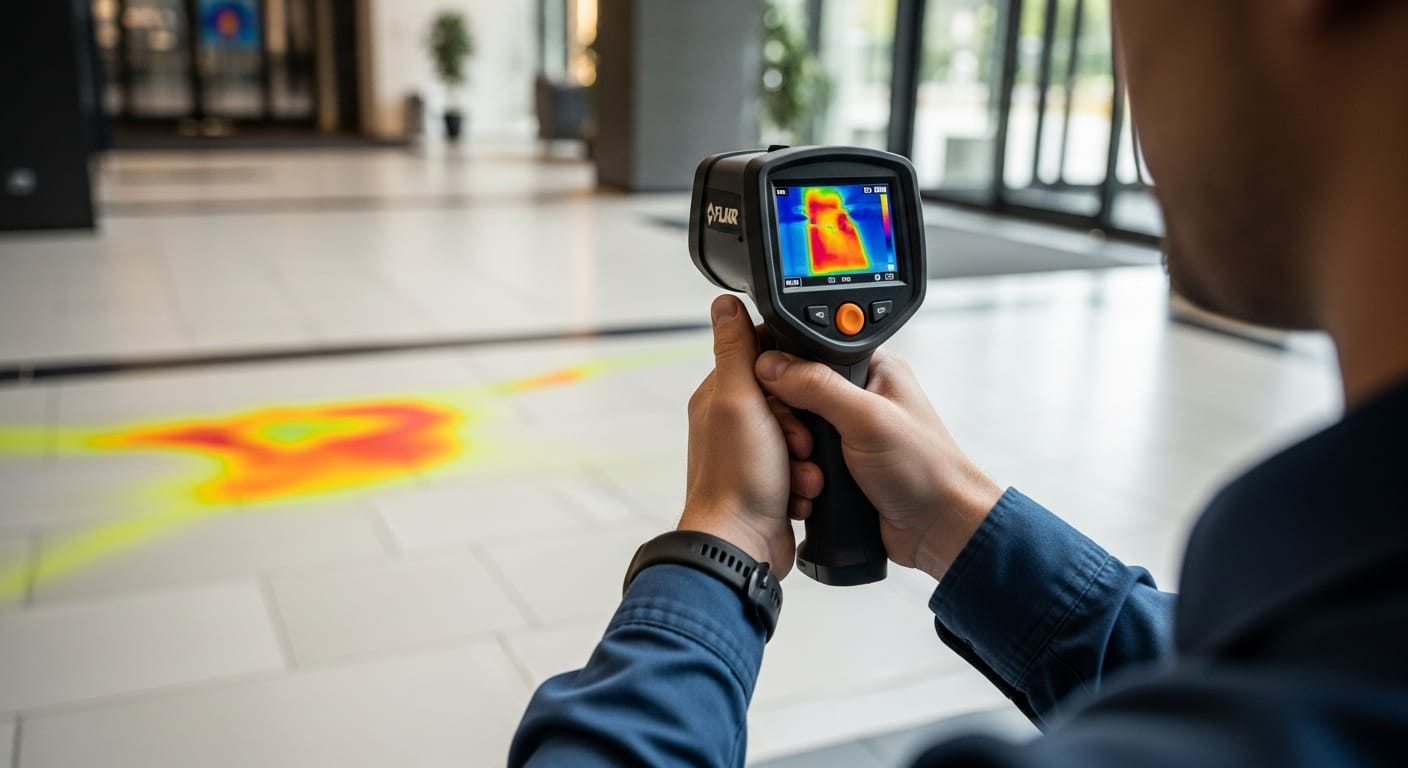 Recherche et localisation d'une fuite dans le réseau souterrain avec une caméra thermique