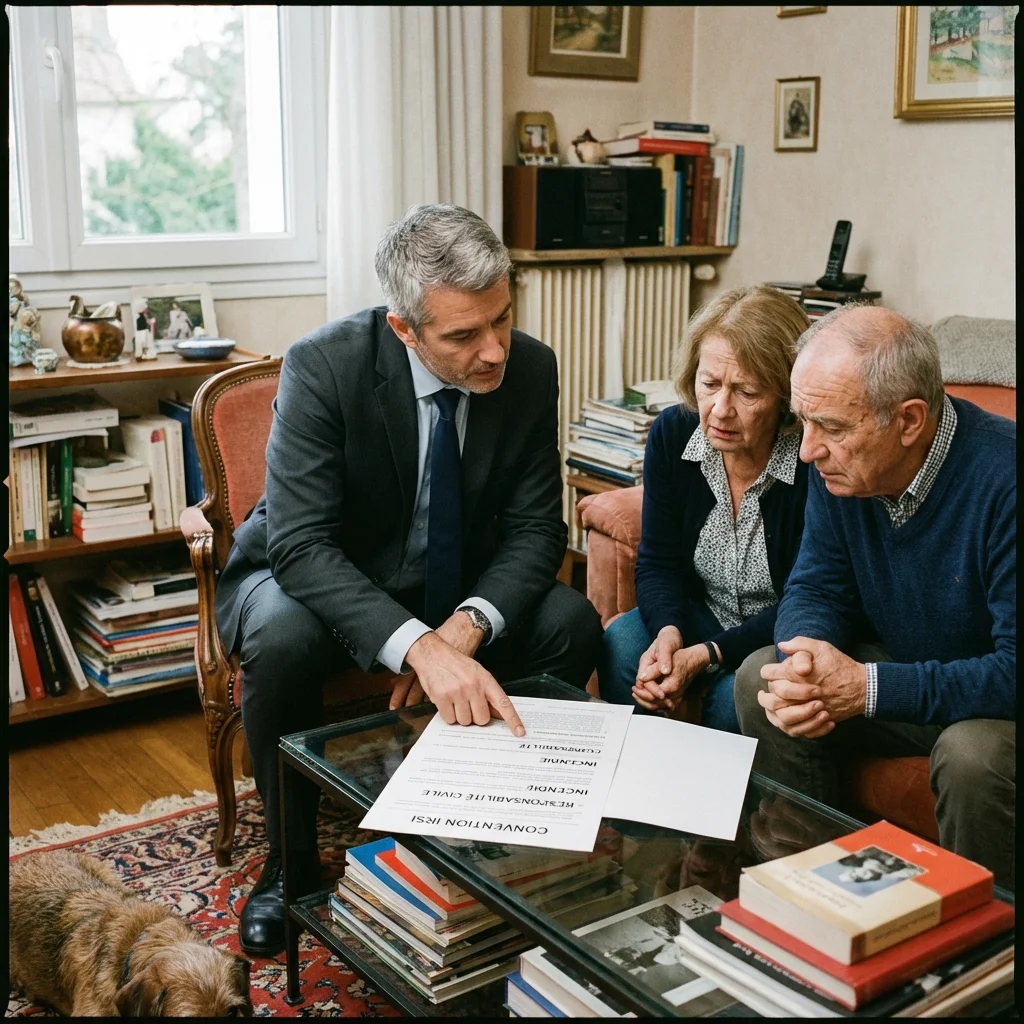 Expert en assurance expliquant la convention IRSI à un couple de propriétaires inquiets dans leur salon