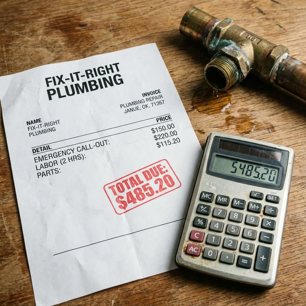 Facture de plomberie posée sur une table avec une calculatrice pour illustrer qui paie fuite canalisation copropriété