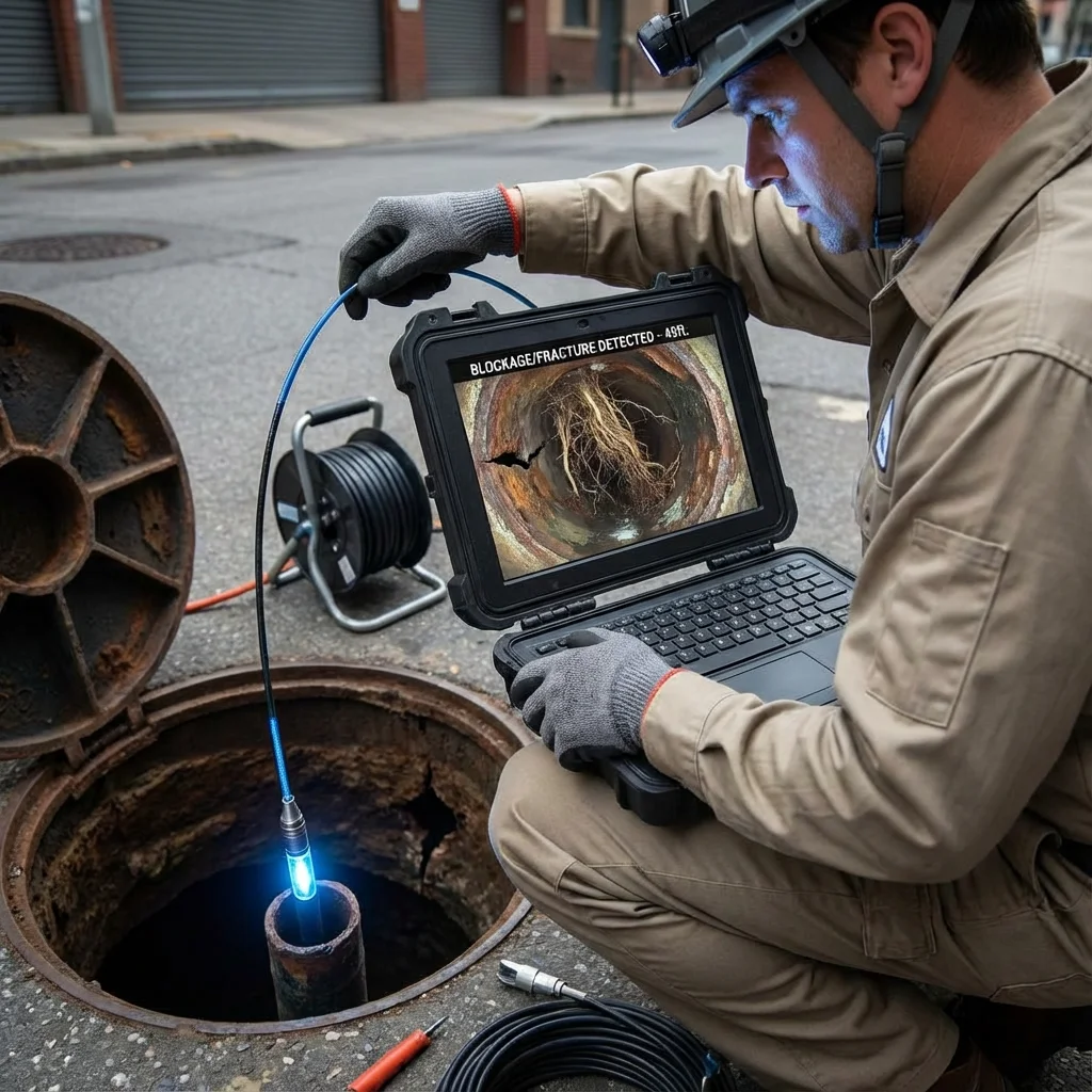 Technicien réalisant une inspection vidéo tuyauterie avec une caméra endoscopique pour localiser une fuite
