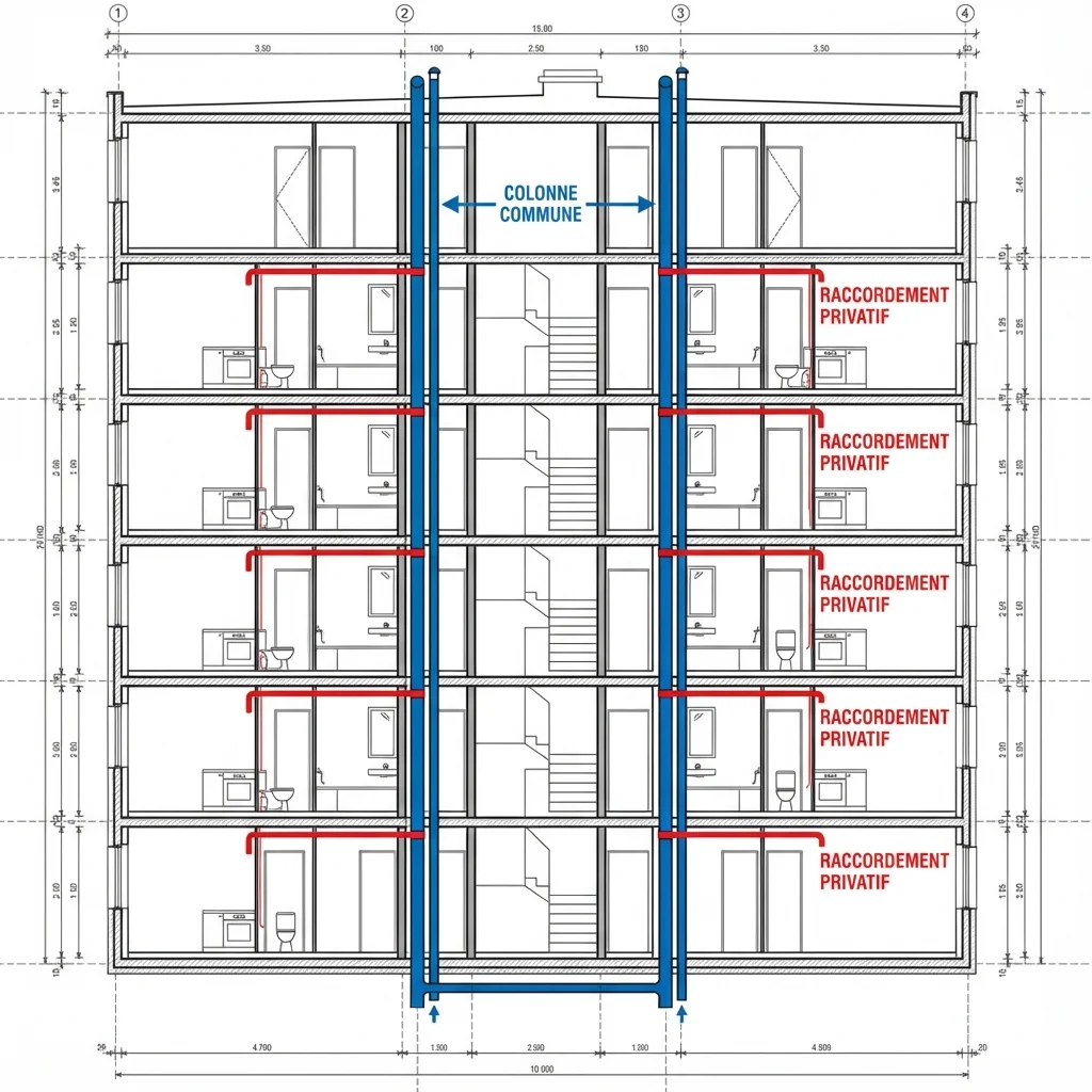 Schéma technique explicatif montrant la différence entre colonne d'évacuation verticale commune et raccordement horizontal privatif dans un immeuble