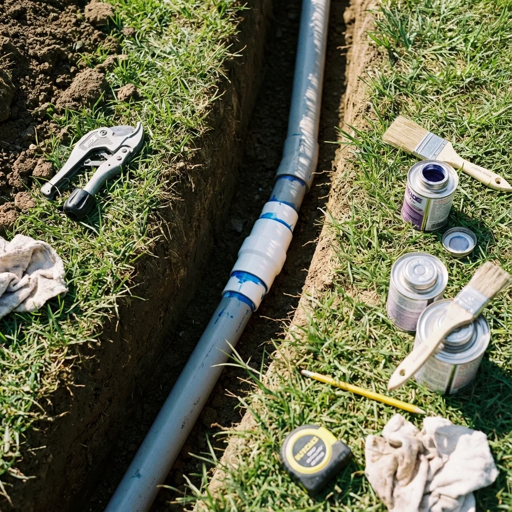 Chantier de réparation d'un tuyau de piscine enterré avec une tranchée ouverte dans le jardin