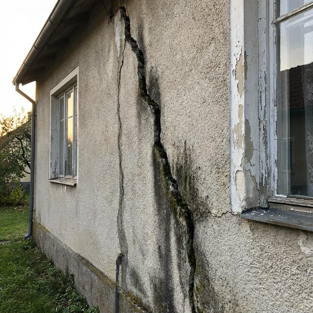 Fissure importante sur un mur extérieur de maison laissant présager des infiltrations d'eau et problèmes structurels