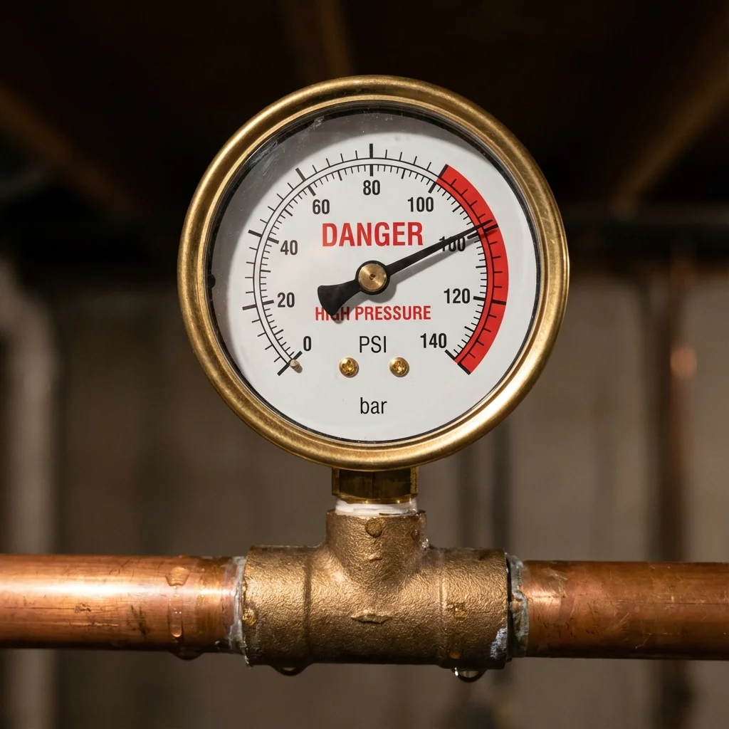 Manomètre de pression d'eau indiquant une zone rouge dangereuse sur une installation de plomberie domestique