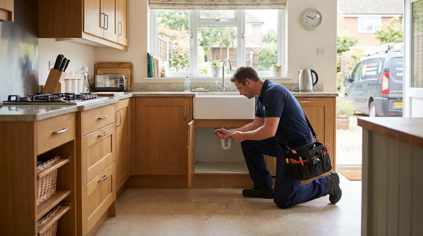 Un propriétaire inquiet examine une tache d'humidité au plafond causée par une fuite d'eau invisible dans sa maison