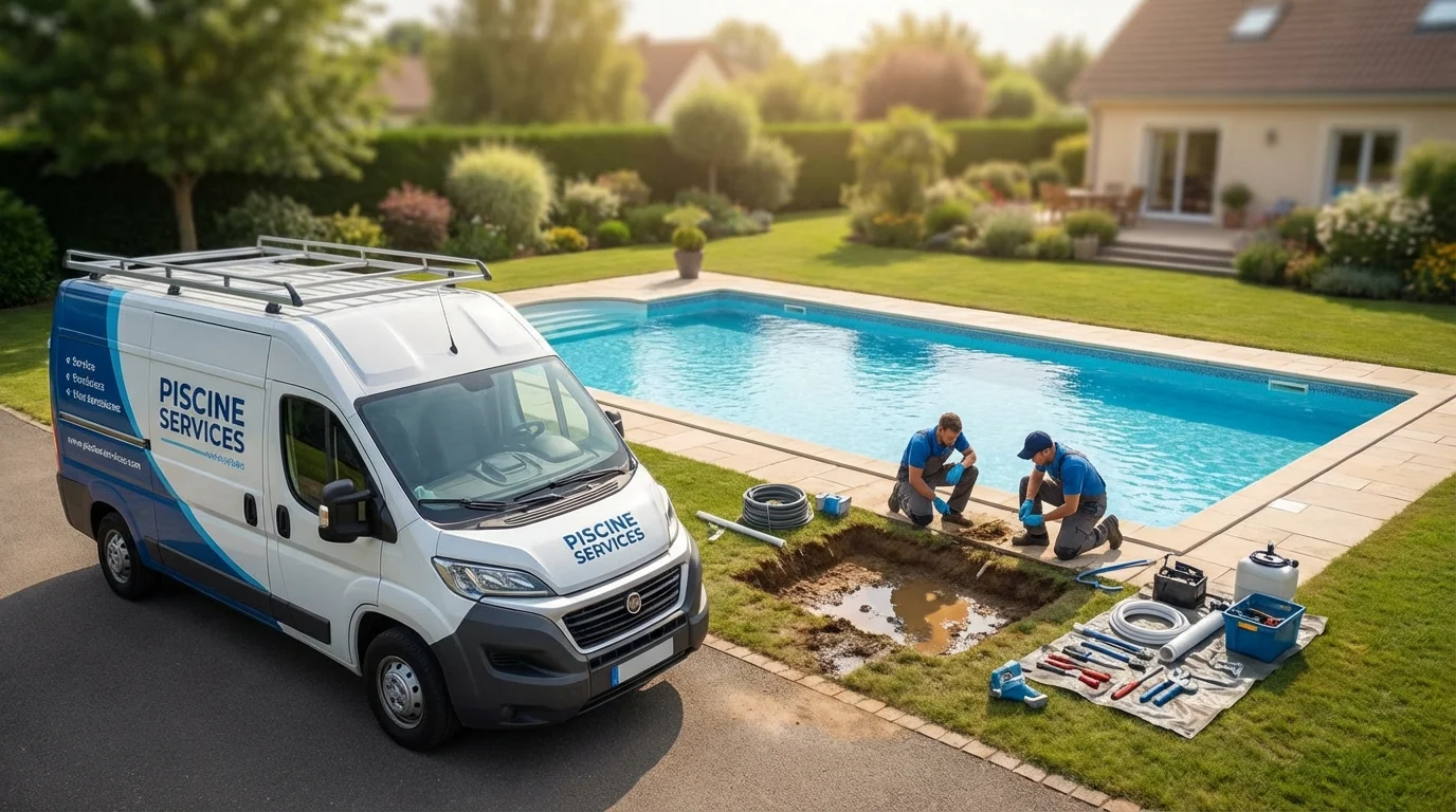 Schéma technique montrant une canalisation de piscine enterrée qui fuit sous la terre du jardin avec de l'eau qui s'échappe