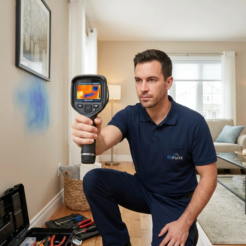 Technicien professionnel ENFUITE utilisant une caméra thermique pour détecter une fuite d'eau derrière un mur