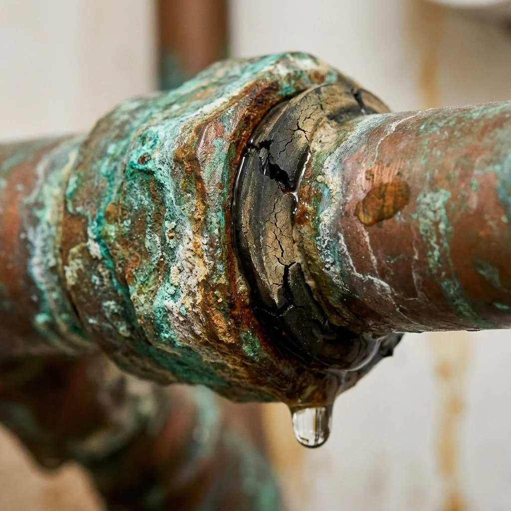 Gros plan sur un tuyau en cuivre corrodé et un joint d'étanchéité usé laissant perler une goutte d'eau