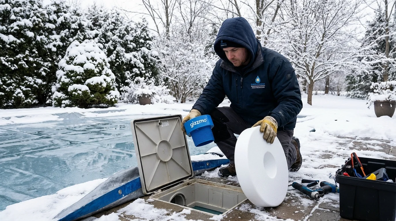Installation de gizzmo et flotteurs d'hivernage dans une piscine pour assurer la protection gel piscine