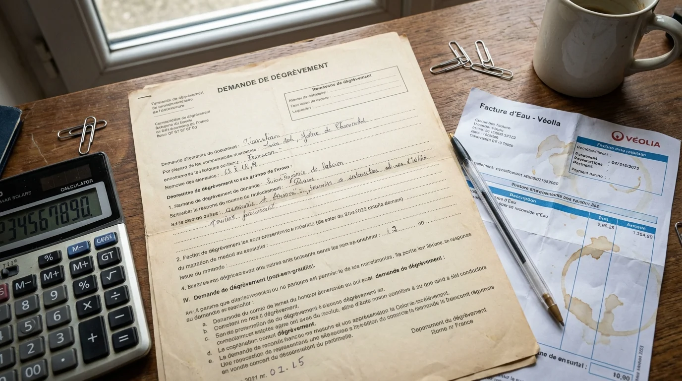 Document administratif officiel de demande de dégrèvement loi Warsmann posé sur une table avec une calculatrice et une facture