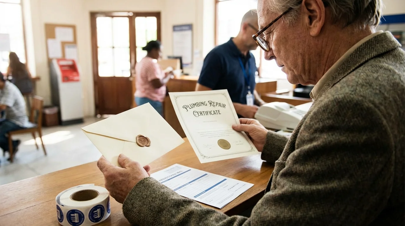 Main tenant une enveloppe recommandée et une attestation de réparation de plomberie prête à être envoyée